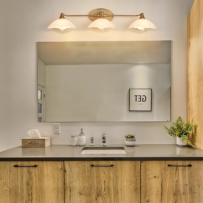 Bathroom Light fixtures Brass Vanity Light -3 Light Bathroom Vanity Light E12 Bulb Holder, 33.85 Inch Large White Light, Retro Luxury Bathroom Mirror Lighting
