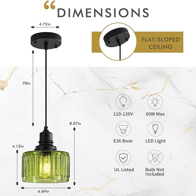 Green Pendant Lights Kitchen Island, Vintage Pendant Light Fixtures with 7" Clear Glass Shade, Farmhouse Hanging Lights for Kitchen, Bathroom, Bedroom, Dining Room, 2 Pack