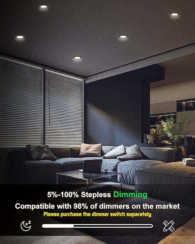 zouzai 12 Pack 6 Inch Black 5CCT Reset LED Recessed Ceiling Light with Junction Box, 2700K/3000K/3500K/4000K/5000K Selectable, 12W Eqv 110W,Dimmable, led can Lights- ETL and Energy Star Certified