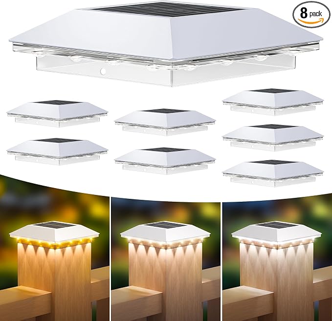 Mlambert 8 Pack Solar Post Cap Lights Outdoor - 3 Lighting Modes Waterproof LED Solar Post Lights Fit 3.5×3.5 Wood/4×4 Vinyl Fence Deck Posts, White
