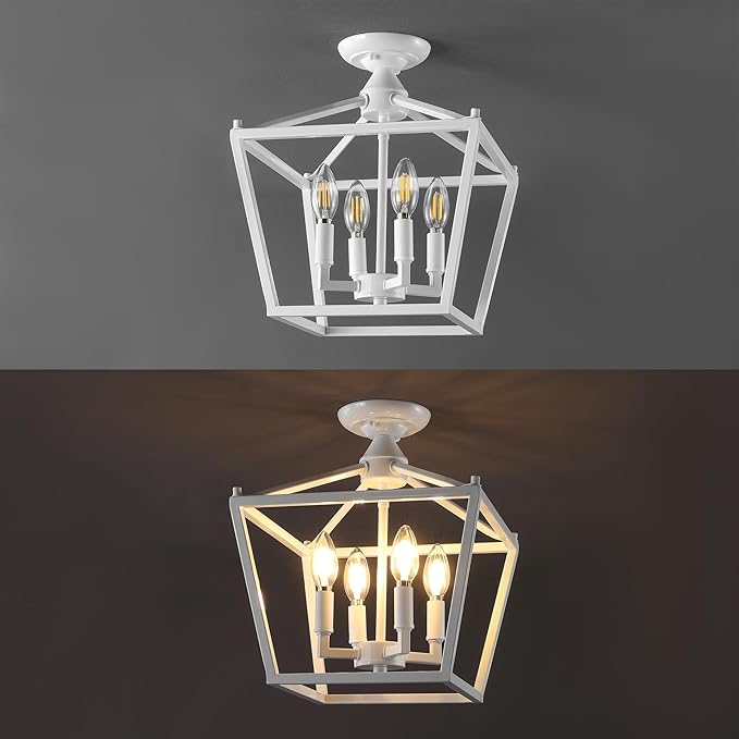 JONATHAN Y 12" White Modern Farmhouse Pagoda 4-Light LED Semi Flush Mount Lantern, Metal Ceiling Light Fixture for Kitchen, Hallway, Entryway, Bedroom, Hardwired (JYL7610E)