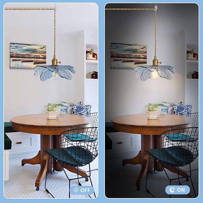 Plug in Pendant Light, Vintage Hanging Light with Plug in Cord On/Off Switch Brushed Brass Pendant Light fixtures with Blue Glass Shade 1-Light Hanging Light for Kitchen Dining Room Bedroom