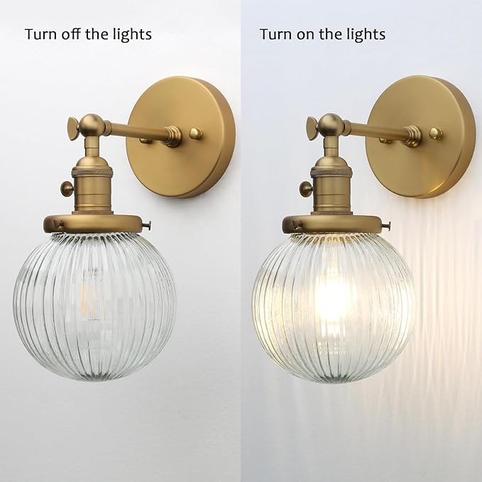 PERMO Vintage Industrial Wall Sconce Lighting Fixture with Mini 5.9" Round Clear Globe Ribbed Glass Shade (Antique Brass Gold)