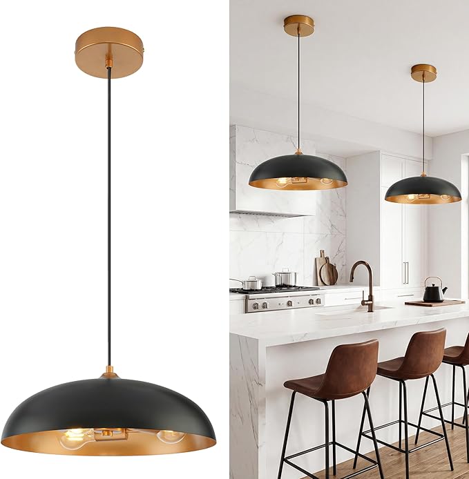 kudos 3-Light Pendant Lights, Modern Pendant Lights Kitchen Island with Matte Black Metal Finish and Gold Interior, Hanging Lamp with Adjustable Cord for Hallway Kitchen Bar Bedroom, KDPL02-BKE