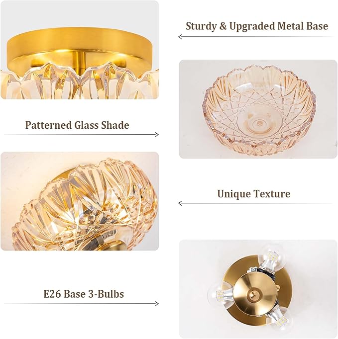 Semi Flush Mount Ceiling Light,Vintage Ceiling Light 9.44 Inch E26 Small Amber Glass Ceiling Lighting for Living Room Kitchen Bedroom Hallway 3 Light(Bulb Not Included)