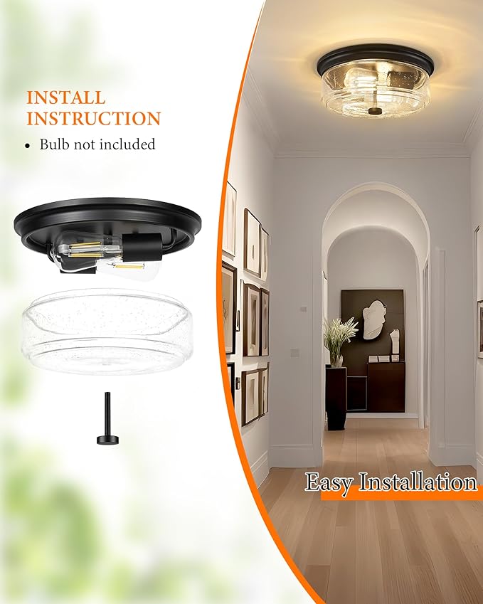 Black Flush Mount Ceiling Light, 12 Inch 2-Light Industrial Farmhouse Ceiling Light Fixture with Seeded Glass Shade, Flush Mount Light for Kitchen, Hallway, Entryway, Bedroom