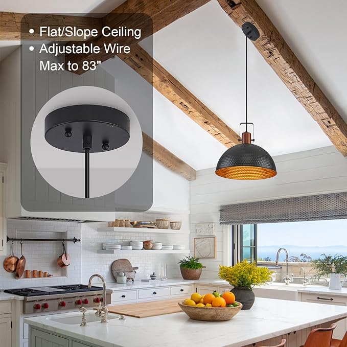 16 Inch Black Pendant Lights Hammered Matte Pendant Lights for Kitchen Island Industrial Farmhouse Adjustable Height Dome Hanging Light Fixtures for Barn, Dining Room 2 Packs