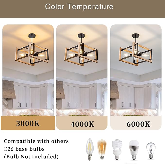 HuisMier Farmhose Flush Mount Ceiling Light Fixtures, 4 Lights Rustic Wood and Metal Ceiling Lighting, Industrial Dining Room Light Fixture for Kitchen Island Entryway Bedroom Hallway