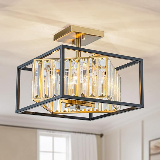 LumFurn 4-Light K9 Crystal Ceiling Light, 2-Tier Square Semi-Flushmount Light Fixture for Living Room, Foyer, Bedroom, L12 x W12 x H7inch, Clear Crystal & Black & Gold Finish