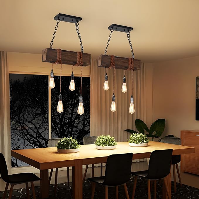 KEESFU 4-Lights Farmhouse Pendant Lights Kitchen Island, Rustic Wooden Ceiling Hanging Light, Height Adjustable, Dining Room Chandelier for Kitchen Island Dining Room Bar Pool Table Cabin.