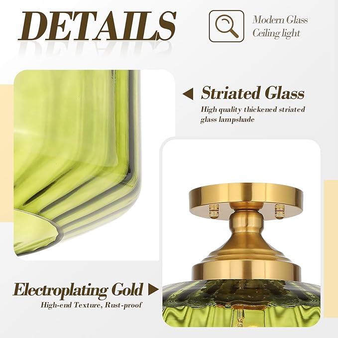 11.8in Semi Flush Mount Ceiling Light Fixture, Vintage Striated Glass Kitchen Lighting Fixtures Ceiling Mount for Entryway Hallway Bedroom Dining Room Bathroom Foyer Laundry (Green)