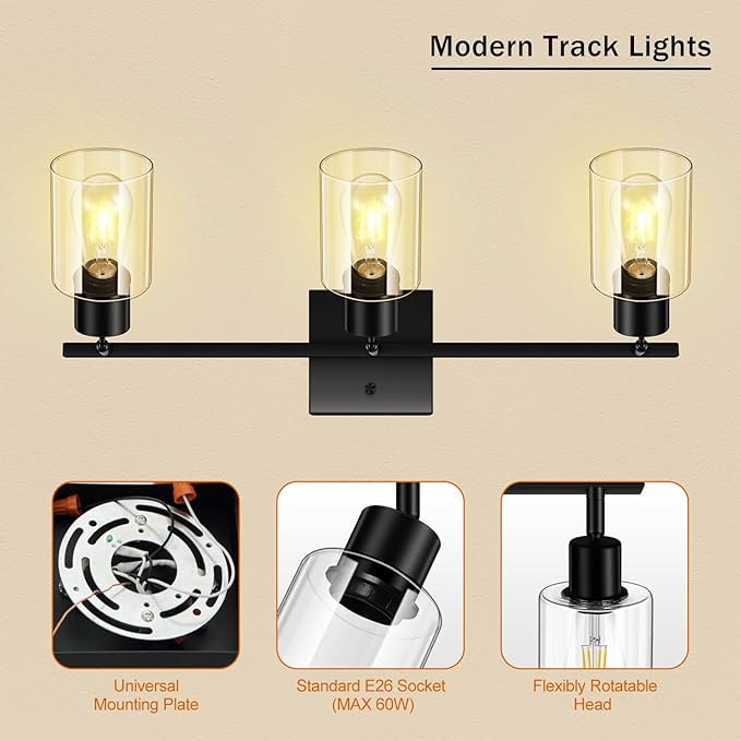 Track Lighting Fixtures Ceiling, 3-Light Track Light with Clear Glass Shade, 23" Modern Kitchen Lighting Ceiling with Rotatable Track Head, Black Wall Light for Vanity Hallway Bedroom(E26, No Bulb)