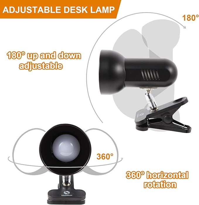 RONG&LAN LED Metal Clip On Light Clip on Lamp for Desk, 360° Adjustable Clamp Reading Light for Bed, Eye-Friendly Book Night Light for Desk Bed Table Dorm Room Bedroom Office Reading SUN-86 Black