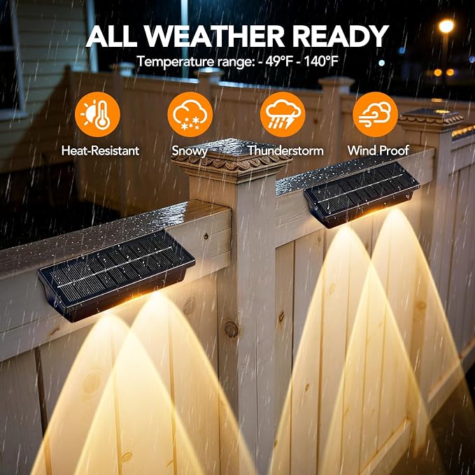 Solar Fence Lights Outdoor,2 Pack Waterproof LED Solar Powered Deck Light with Ultra Bright LED Lens,3000K/4000K/6000K Selectable,12+ Hours Steady Glow for Step,Railing,Backyard,Wall