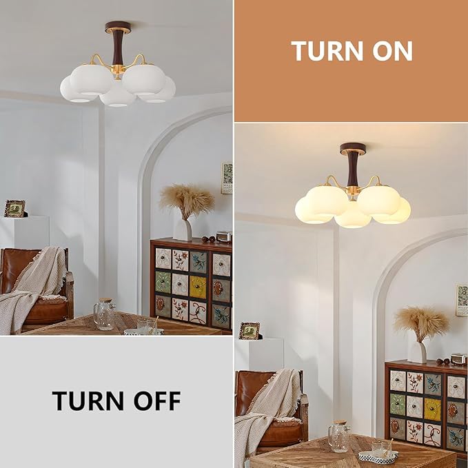 Vintage Flush Mount Ceiling Light 28" Large Semi Flush Mount Ceiling Light with 5-Light,Gold & Wood Design,Glass Lampshade,Ideal for Kitchen Bedroom Farmhouse