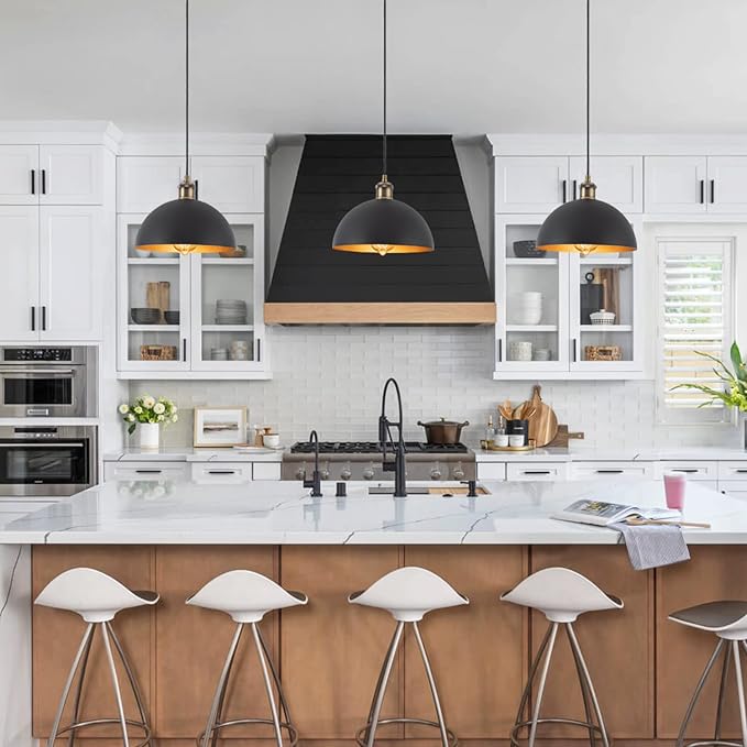 9.84" Modern Industrial Black Pendant Lights Farmhouse Dome Black Gold Pendant Lighting Fixture Vintage Golden Pendant Light for Kitchen, Dining Room, Bedroom, Hallway, Living Room, Set of 3
