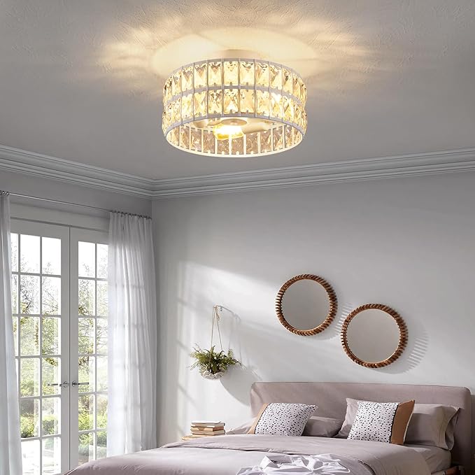 Modern Semi Flush Mount Ceiling Light - 11.8-Inch 3-Light Crystal Chandelier, White Ceiling Fixture for Bedroom Hallway Kitchen, Close-to-Ceiling Lighting with E26 Bulb Bases