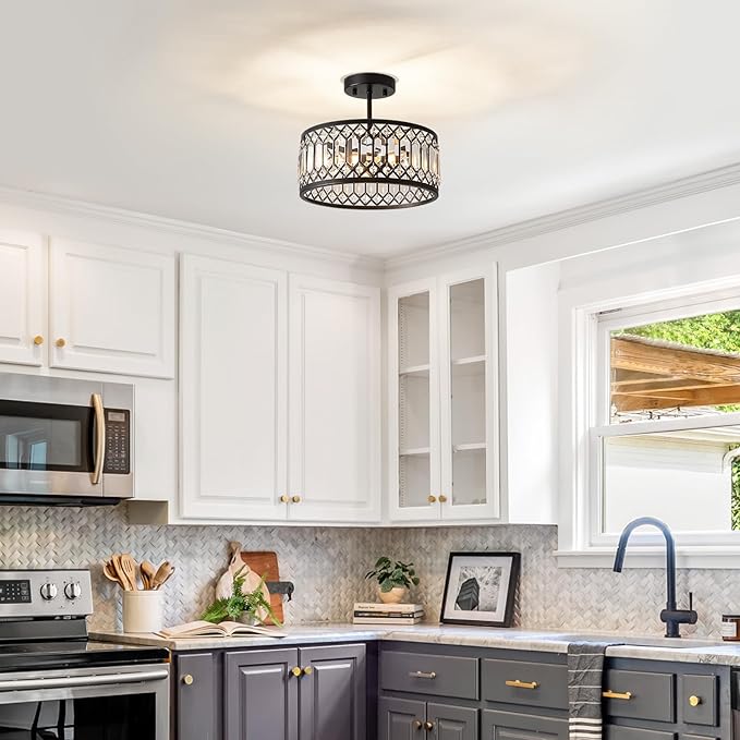 Crystal Ceiling Light Fixture, Modern Semi Flush Mount Ceiling Light, Black Lighting Chandelier for Kitchen, Bedroom, Dining Room, Hallway, 3-Light, 12.2 Inch