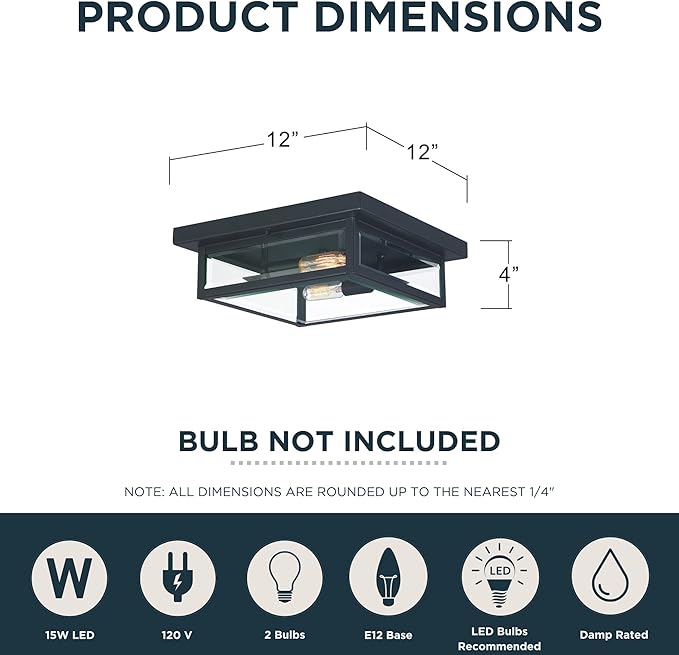 Quoizel Westover 12" Outdoor Flush Mount Ceiling Light, 2-Light Earth Black with Clear Beveled Glass, E12 Base, ETL Damp Rated
