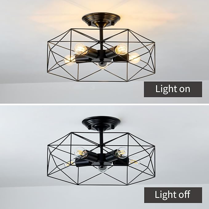 5-Light Farmhouse Semi Flush Mount Ceiling Light Fixture, Modern Black Ceiling Light, Industrial Close to Ceiling Light with Metal Hexagon Cage Ceiling Lamp for Kitchen, Hallway, Bathroom，closet