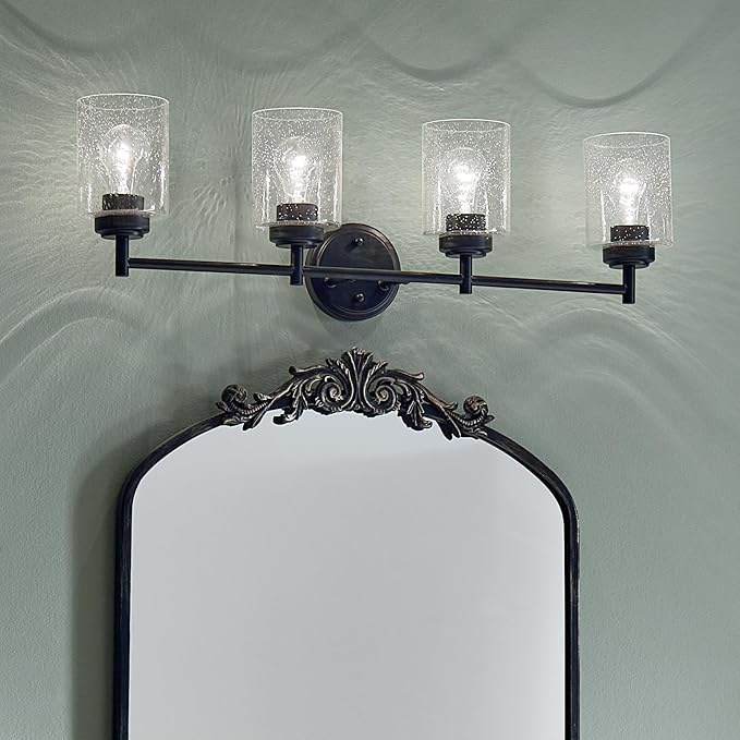 Kichler Winslow 30" 4-Light Bathroom Vanity Light Fixture with Clear Seeded Glass in Black, Modern Industrial Style for Bathroom and Powder Room, (30" x 9.25" x 6.5"), 45887BK
