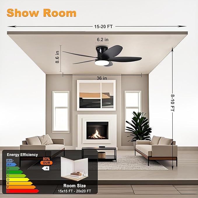 36" Low Profile Ceiling Fan with Lights & Remote, 6-Speed Wind, Dimmable 3-Color LED, Reversible DC Motor,Timer, Memory Function for Bedroom/Living Room/Patio Use (Black)