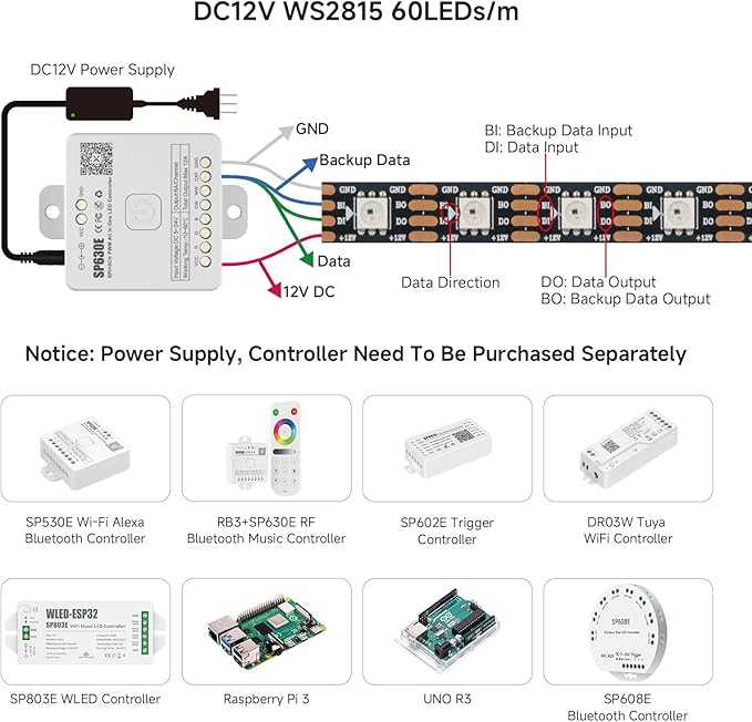 BTF-LIGHTING IP68 Waterproof Outdoor WS2815(Upgraded WS2812B) RGB LED Strip Individually Addressable 5050SMD Dual Signal DC12V 16.4ft 300Pixel Can Work Outdoor Black PCB(No Adapter or Controller)