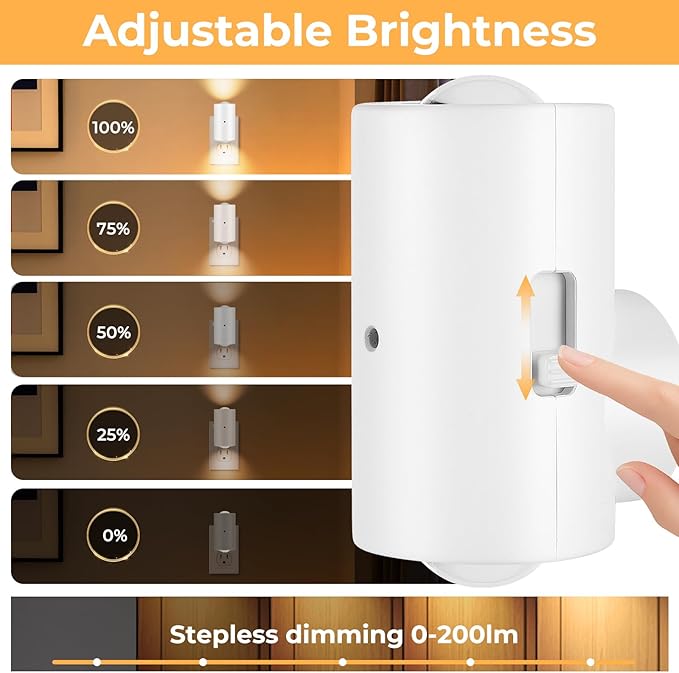 BMXKPO LED Night Lights Plug into Wall, Dimmable 4-Pack with Dusk to Dawn Sensor, 2700K Warm White, 0-200LM Adjustable & Rotatable Night Light for Bedroom, Hallway, Kitchen, Bathroom