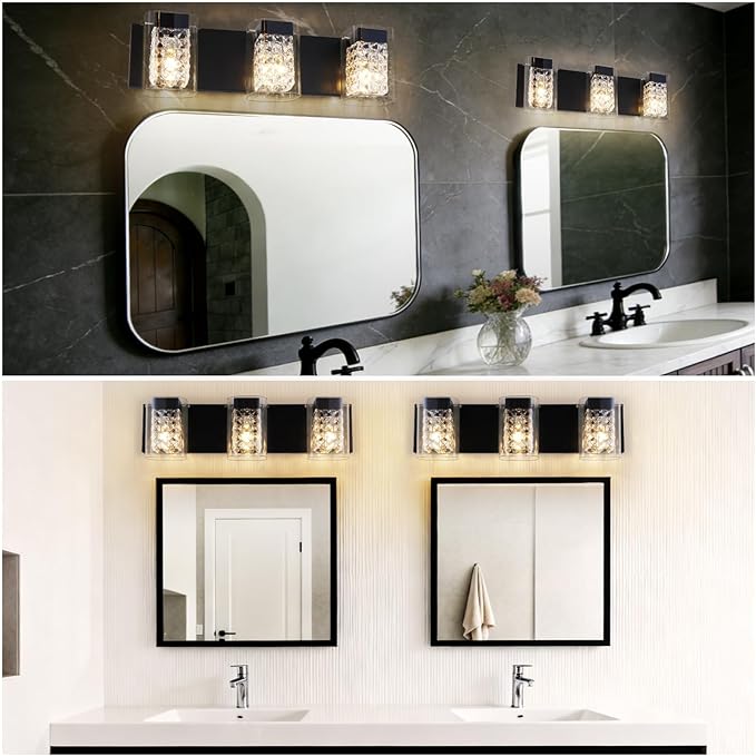 Modern Crystal Bathroom Light Fixtures, 3-Light Black Vanity Lights with Clear Shades, Bathroom Lighting Fixtures Over Mirror Wall Light for Living Room, Decoration,Bedroom（Exclude Bulb）