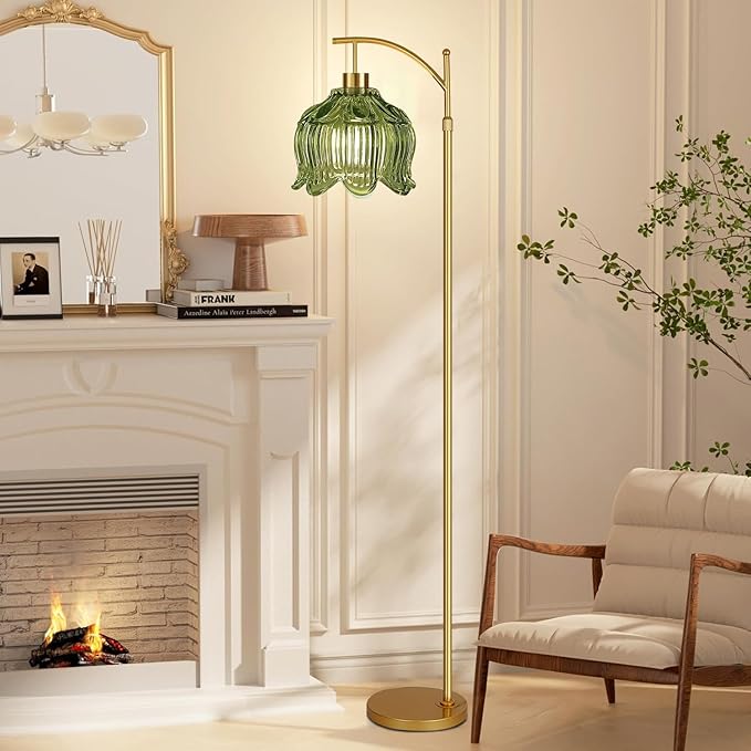 QIYIZM Glass Floor Lamp for Living Room,Bedroom,Gold Dimmable Standing Lamp with Remote,Mid Century Modern Brass Tall Lamp Boho Vintage Floor Lamps Arc Green Tulip Flower Floor Light Lamp Bohemian
