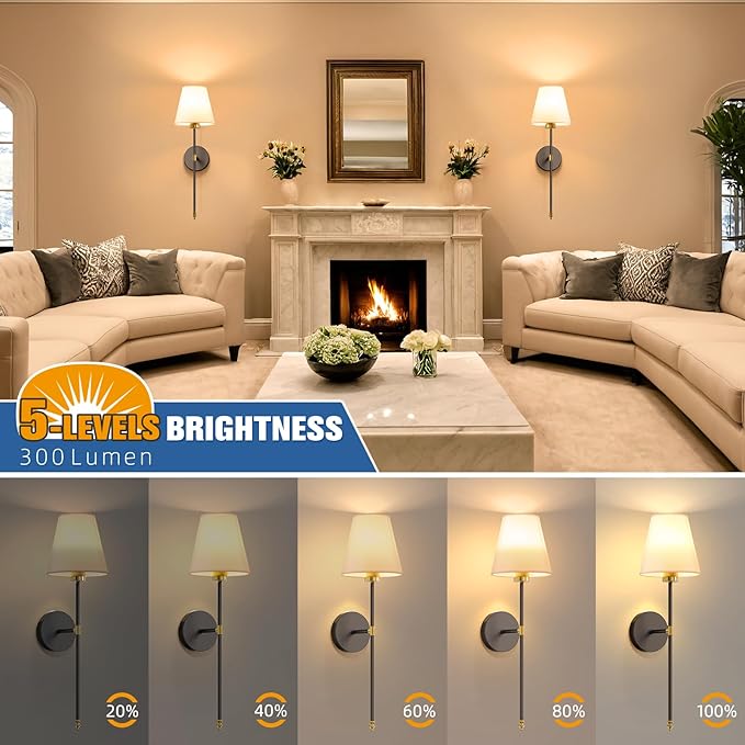 NIORSUN 19.9 inch Battery Operated Wall Sconce Set of 2,Gold-Black Rechargeable Wall Lights with 5200mAh Dimmable Detachable Bulbs and Remote,10 Colors Wireless Sconces for Bedroom Living Room Hallway