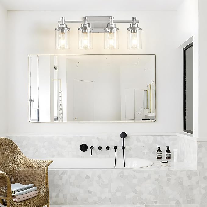 Brushed Nickel 4-Light Bathroom Vanity Light Fixtures Over Mirror, Modern Wall Sconce with Clear Glass Shade for Hallway, 23.6"x7.0"x9.4"