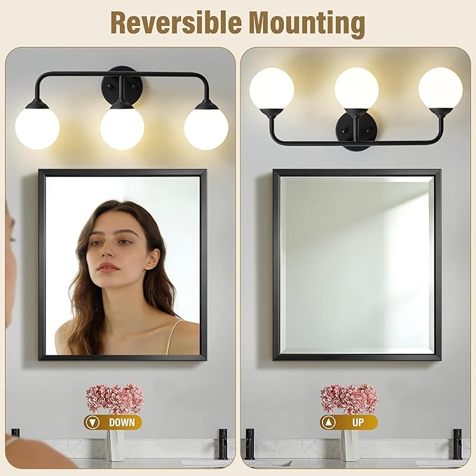 Bathroom Light Fixtures - 3 Light Brushed Brass Vanity Light Over Mirror for Bathroom Mirror Living Room Bedroom, Black Bathroom Wall Sconce with Frosted Glass Shade, 3 G9 Bulbs Included