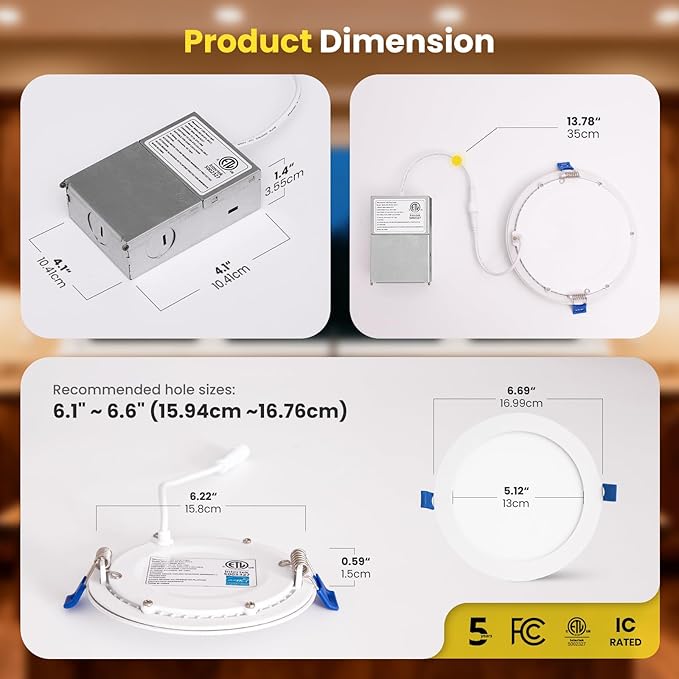 Recessed Lighting 6 Inch 1Pack, 6000K Anti-Glare LED Can Lights, 12W 1080LM High Brightness Dimmable Recessed Lights, Easy-to-Install Wafer Light with Junction Box, ETL & FCC & IC