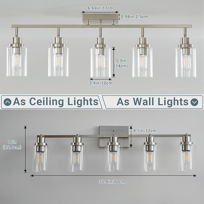 LOUSACE 5-Light Brushed Nickel Track Lighting Kit with Clear Glass, Modern Track Light Fixtures Flush Ceiling Mounted, Tracking Vanity Lighting Rotatable Spotlight for Kitchen Bathroom Accent Shop