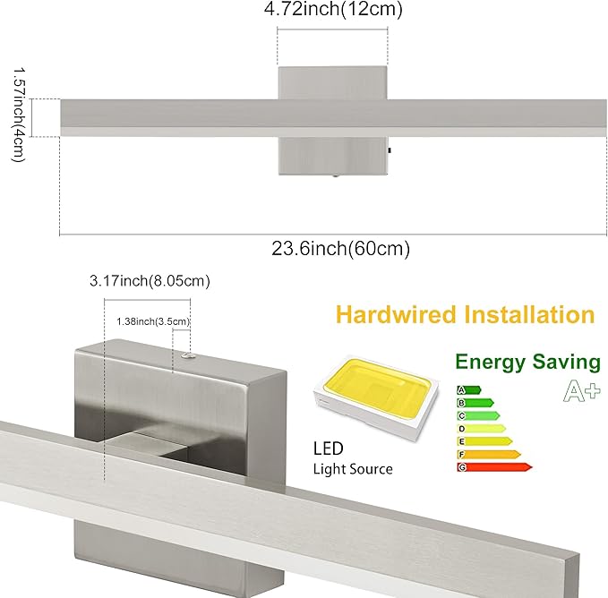 Nickel Bathroom Vanity Light 23.6 inch, 20W Dimmable 5CCT LED Bathroom Light Fixture Over Mirror Restroom-ETL Certificated