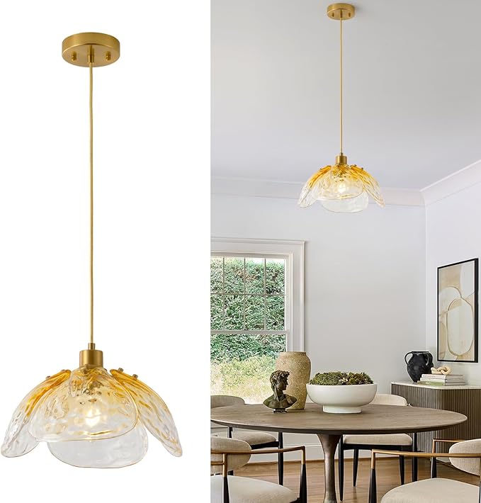 Vintage Gradient Amber Pendant Light,Bronze Pendant Lighting Fixture with Handmade Leaf Glass for Bedroom,Kitchen,Hallway,Entryway