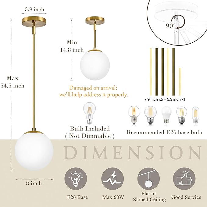 Bagood 8" Globe Pendant Light Gold 2 Pack Mid Century Pendant Light Globe Pendant Lights Kitchen Island Brushed Brass Finished with Milk Glass Adjustable Ceiling Light Fixtures for Dining Room Bar