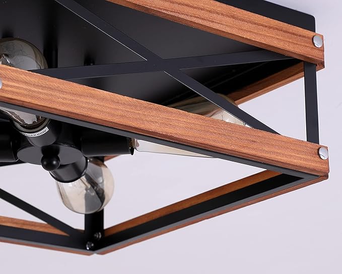 4-Light Rustic famrhouse Flush Mount Ceiling Light Metal and Wood Square Flush Mount Ceiling Light Fixture for Hallway Bedroom Kitchen Entryway Living Room, Black