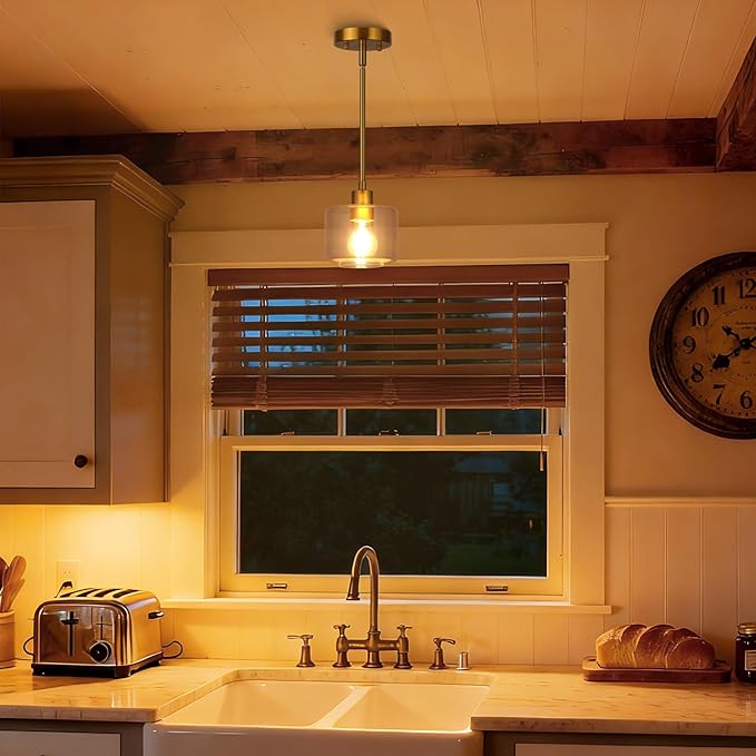 Brushed Gold Pendant Lights Kitchen Island, 1-Light Modern Clear Glass Hanging Light Fixtures with Rods, Mini Kitchen Pendant Lighting Over Island for Sink Bathroom, OS-YQ8153-1PBGC