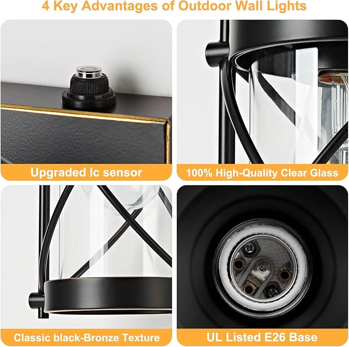 Dusk to Dawn Outdoor Wall Lights Fixtures, Waterproof Exterior Lighting Fixtures with Photocell Sensor,Vintage Black-Bronze Metal Cage Lantern Outside Lights for Porch Patio House Garage（2 Pack）