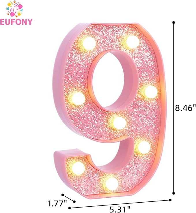 Pink Light Up Marquee Numbers, Glitter LED Number Lights Signs Battery Operated for Girls 9th 19th 29th Pink Birthday Party Table Decorations, 8 Inch Tall Number 9 with Warm White Lights