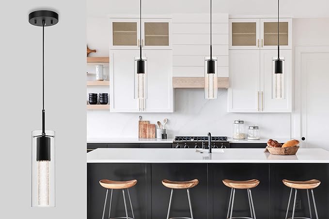 XiNBEi Lighting Pendant Light Fixtures, Black Pendant Lights Kitchen Island with LED Bulb & Bubble Crystal, Kitchen Hanging Lighting for Dining Table Hallway Bedroom Living Room XB-P1110-MB