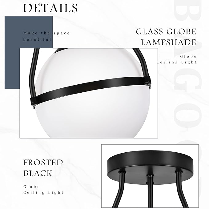 Bagood Globe Semi Flush Mount Ceiling Light Mid Century Modern 6" Globe Ceiling Light Fixture with Milk Glass Shade Black Finish for Living Room Hallway Kitchen Island Dining Room Laundry (Bulb Incl.)