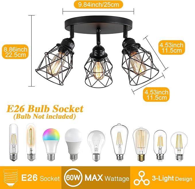 Kitchen Light Fixtures Ceiling Mount, Adjustable Semi Flush Mount Ceiling Light, Multi-Directional Lamp for Kitchen, Hallway, Dining Room, Farmhouse with E26 Base (Black)