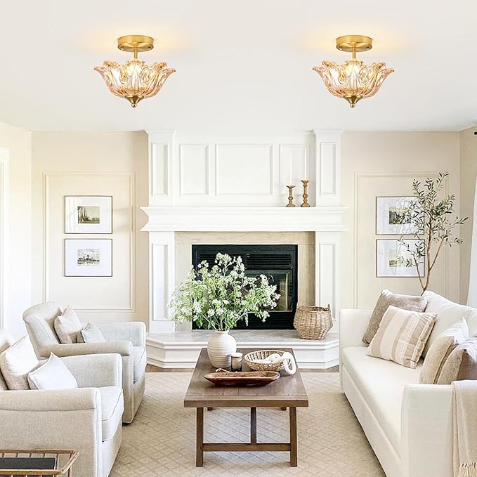 Semi Flush Mount Ceiling Light, Gold Vintage Light fixtures with Floral Amber Glass Shade, Modern Close-to-Ceiling Lighting for Bedroom Kitchen Living Room Hallway