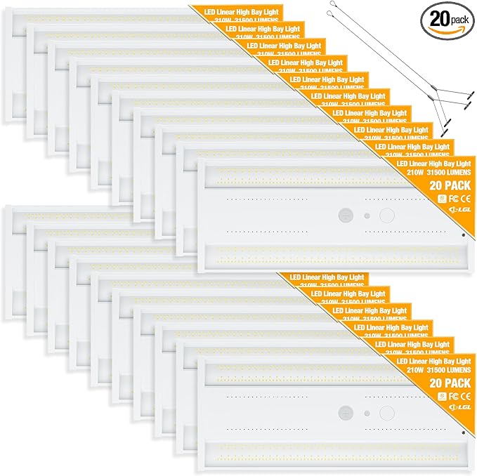 LED Linear High Bay Light, 210W High Bay Shop Lights Fixture, Compatible with Industrial 120-277V, 31500LM for Shop Garage Warehouse, UL Complied, 20 Pack, White