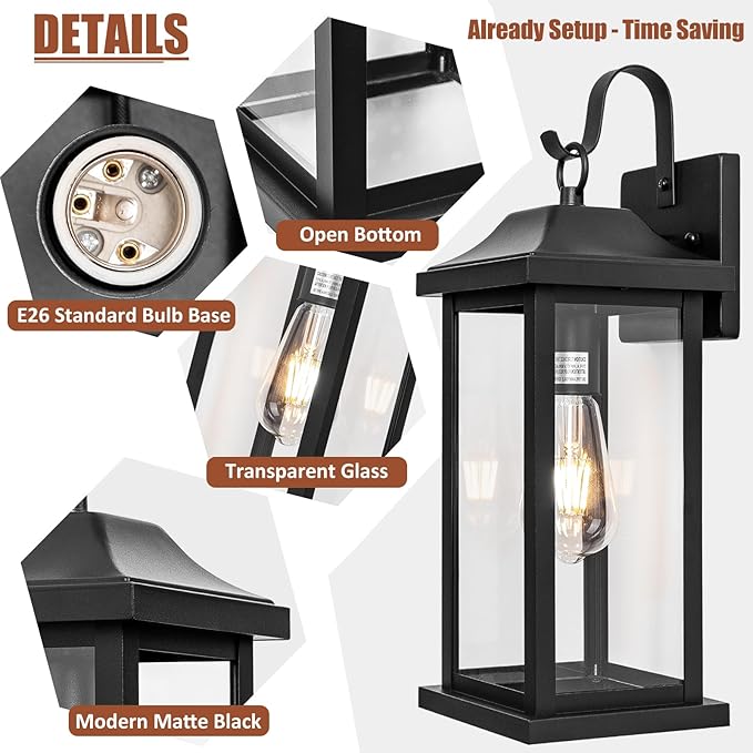 2-Pack Large Outdoor Light Fixtures IP65 Waterproof, Exterior Matte Black Sconces Wall Lighting Anti-Rust Porch Lights Outdoor with Clear Glass 17” Outside Modern Wall Lanterns for House