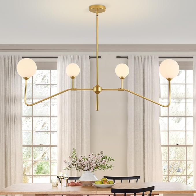 Modern Linear Chandelier for Dining Room,Glass Globe Kitchen Island Light, Mid-Century Sputnik Ceiling Light Fixture with Brushed Gold Finish & Milk Glass Shades, Adjustable Rod Hanging Lighting