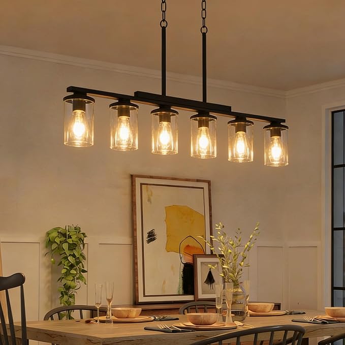 40.15'' Large Dining Room Chandelier Over Table, 6-Light Farmhouse Dining Room Light Fixture Kitchen Island Lighting, Wood Island Lights Black Farmhouse Chandeliers for Dining Room with Glass Shades